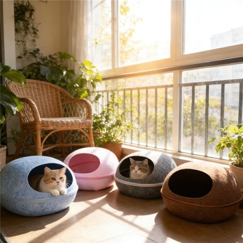 Krevet za mačke od filca s jajolikim poluzatvorenim dizajnom, periv i prozračan, za sve sezone