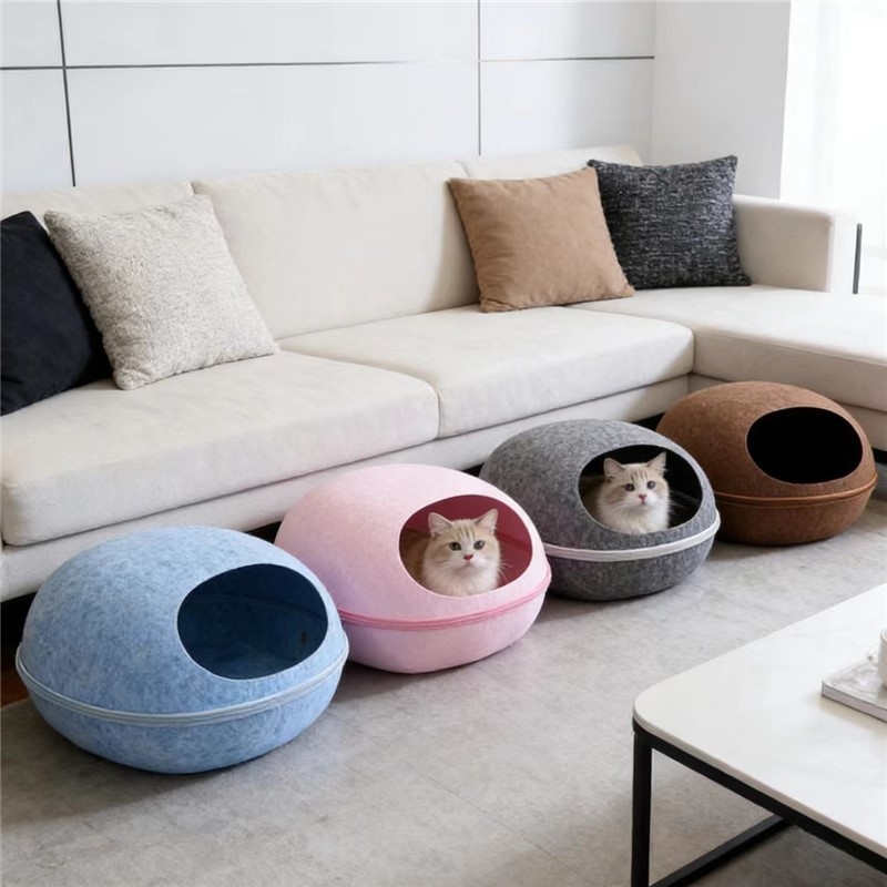 Krevet za mačke od filca s jajolikim poluzatvorenim dizajnom, periv i prozračan, za sve sezone