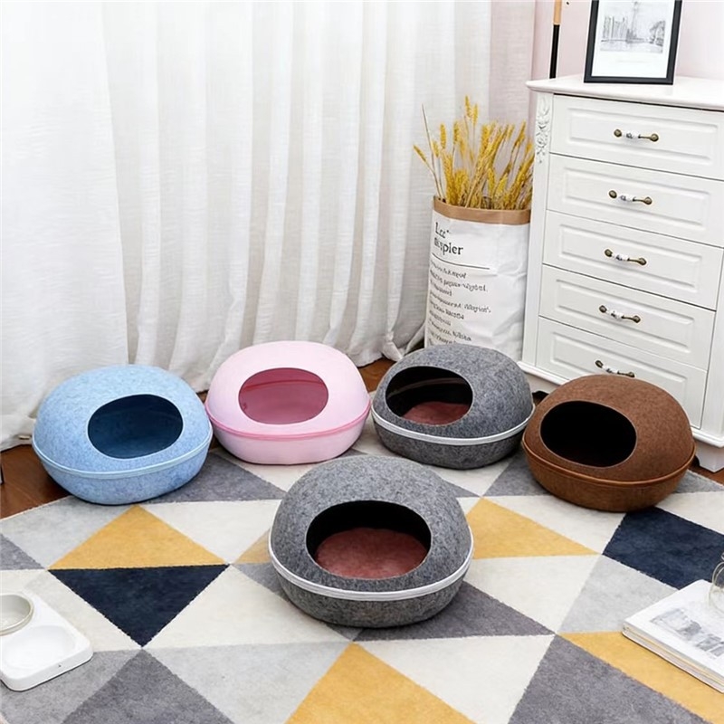 Krevet za mačke od filca s jajolikim poluzatvorenim dizajnom, periv i prozračan, za sve sezone