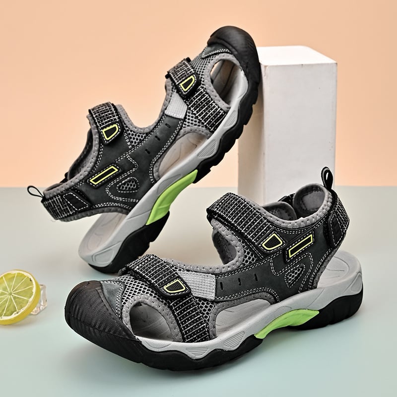 Sandale de plajă pentru bărbați cu Velcro, talpă din cauciuc, partea superioară din piele de vacă – impermeabile și anti-derapante, pentru vară