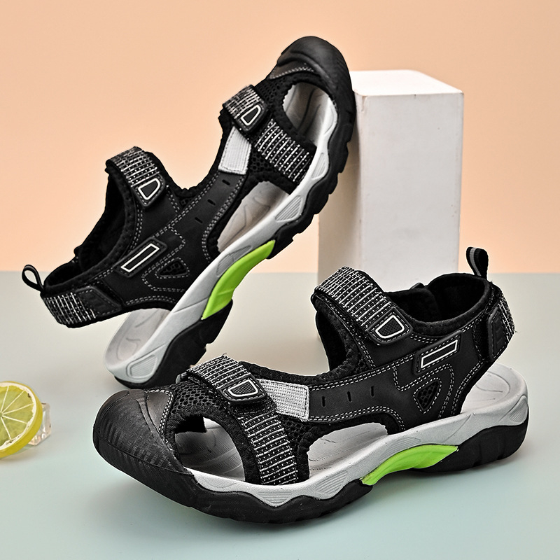 Sandale de plajă pentru bărbați cu Velcro, talpă din cauciuc, partea superioară din piele de vacă – impermeabile și anti-derapante, pentru vară