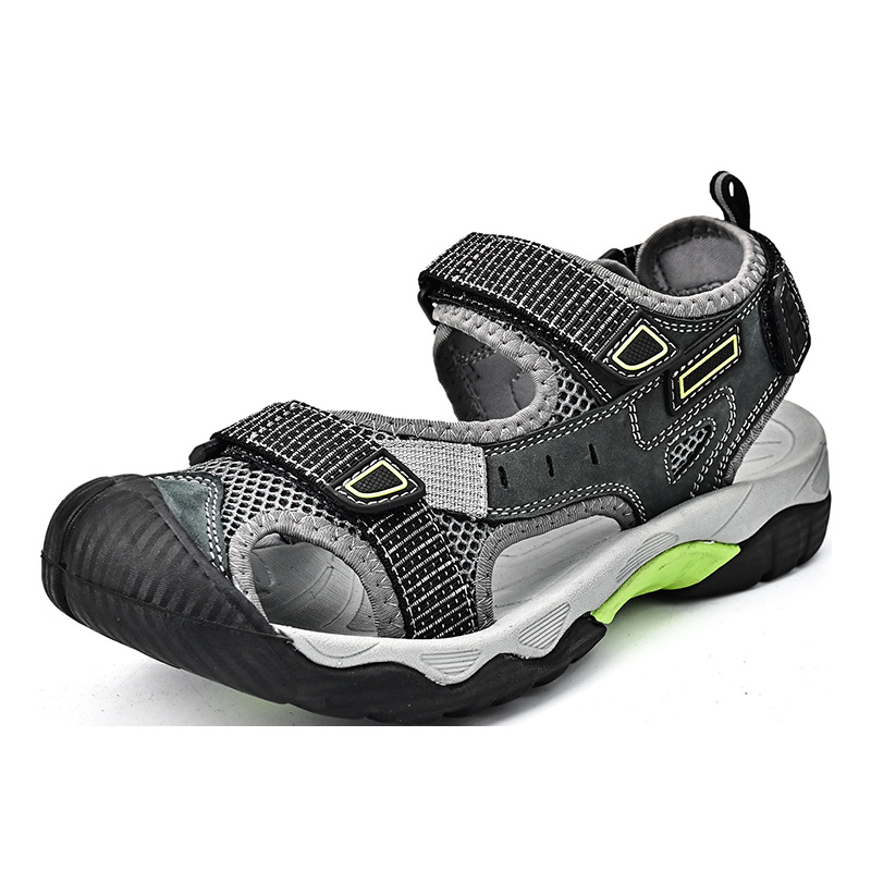 Sandale de plajă pentru bărbați cu Velcro, talpă din cauciuc, partea superioară din piele de vacă – impermeabile și anti-derapante, pentru vară