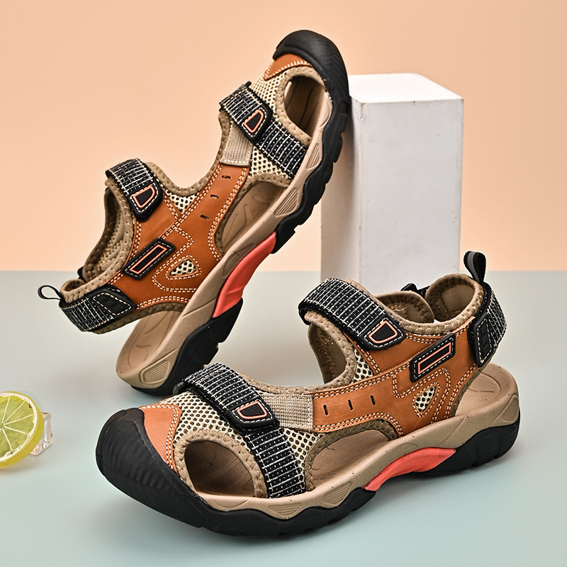 Sandale de plajă pentru bărbați cu Velcro, talpă din cauciuc, partea superioară din piele de vacă – impermeabile și anti-derapante, pentru vară