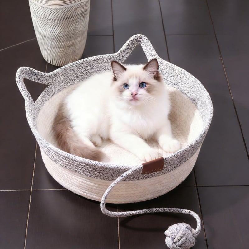 Pat pentru pisici cu peșteră și plăcuță de zgâriere – țesătură manuală, totul într-un singur pat