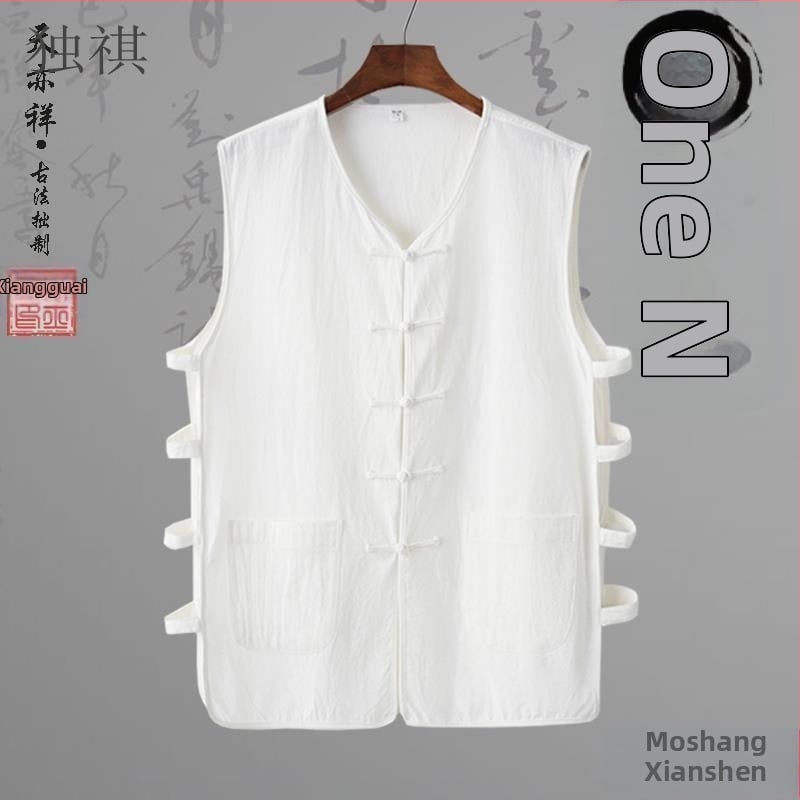 Λινένο γιλέκο με ρίγες σε κινεζικό εθνικό στυλ, φαρδιά γραμμή, στρογγυλός λαιμός