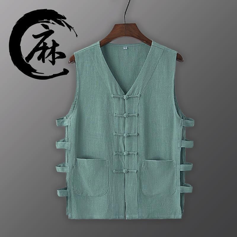 Λινένο γιλέκο με ρίγες σε κινεζικό εθνικό στυλ, φαρδιά γραμμή, στρογγυλός λαιμός