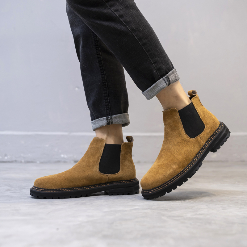 Ghete Chelsea pentru bărbați, stil britanic, din nubuk suede, talpă din cauciuc, înălțime glezna medie, vârf rotund, slip-on