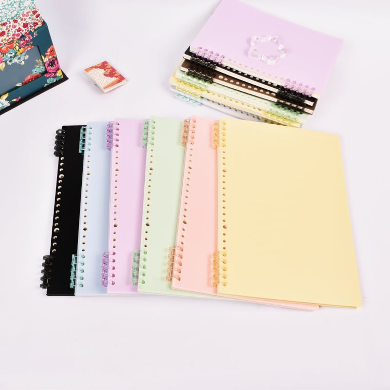 Caiet cu foi detașabile, legare tip dosar, hârtie cu dublă acoperire 80 gsm, 50–100 pagini, copertă PP