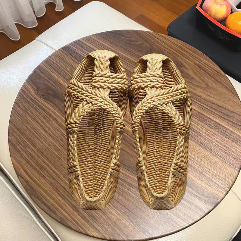 Muške retro ručno pletene sandale s prstenom za prst, gornji dio PVC, gumeni potplat, slip-on, ljeto 2024