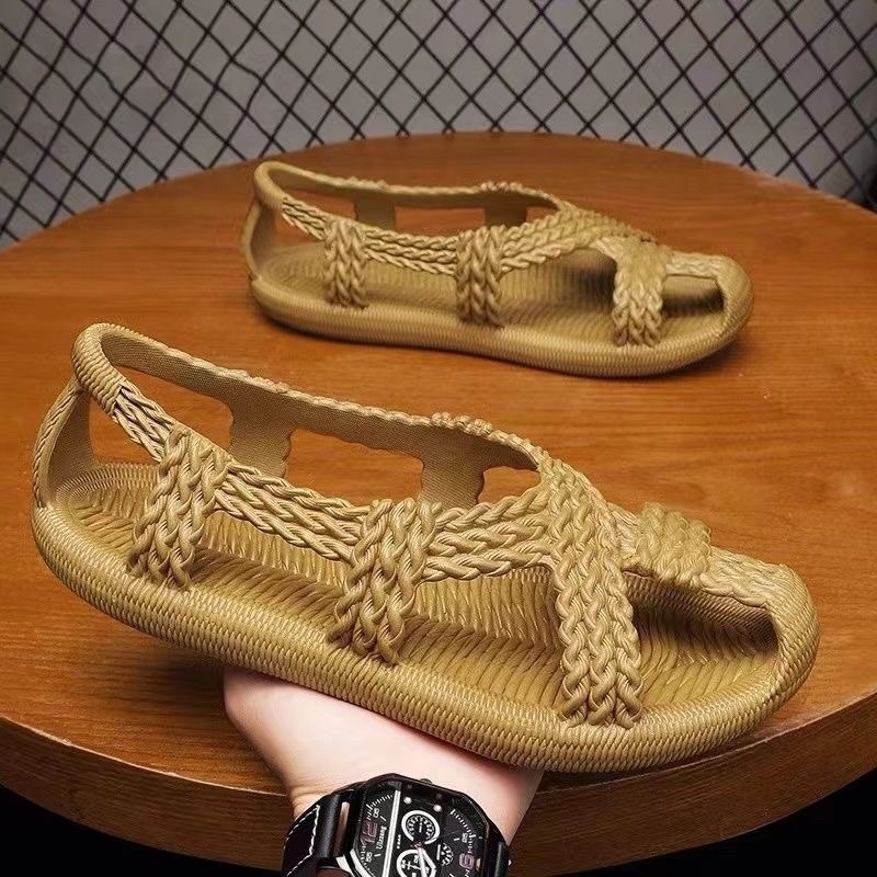 Muške retro ručno pletene sandale s prstenom za prst, gornji dio PVC, gumeni potplat, slip-on, ljeto 2024
