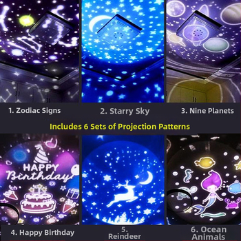 Éjszakai fény zenével és csillagos ég projektorral; hálózati tápellátás, műanyag ház