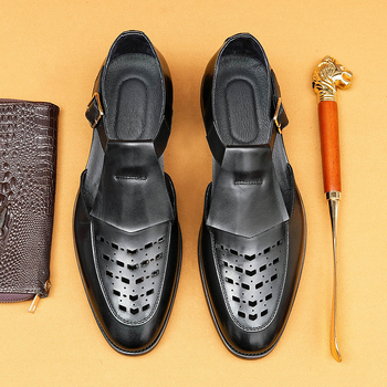 Sandale din piele pentru bărbați, partea superioară din piele de vită, căptușeală din piele de porc, talpă din cauciuc, design respirabil cu perforații