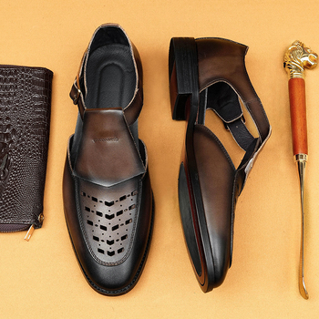 Sandale din piele pentru bărbați, partea superioară din piele de vită, căptușeală din piele de porc, talpă din cauciuc, design respirabil cu perforații