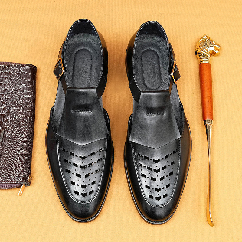 Sandale din piele pentru bărbați, partea superioară din piele de vită, căptușeală din piele de porc, talpă din cauciuc, design respirabil cu perforații