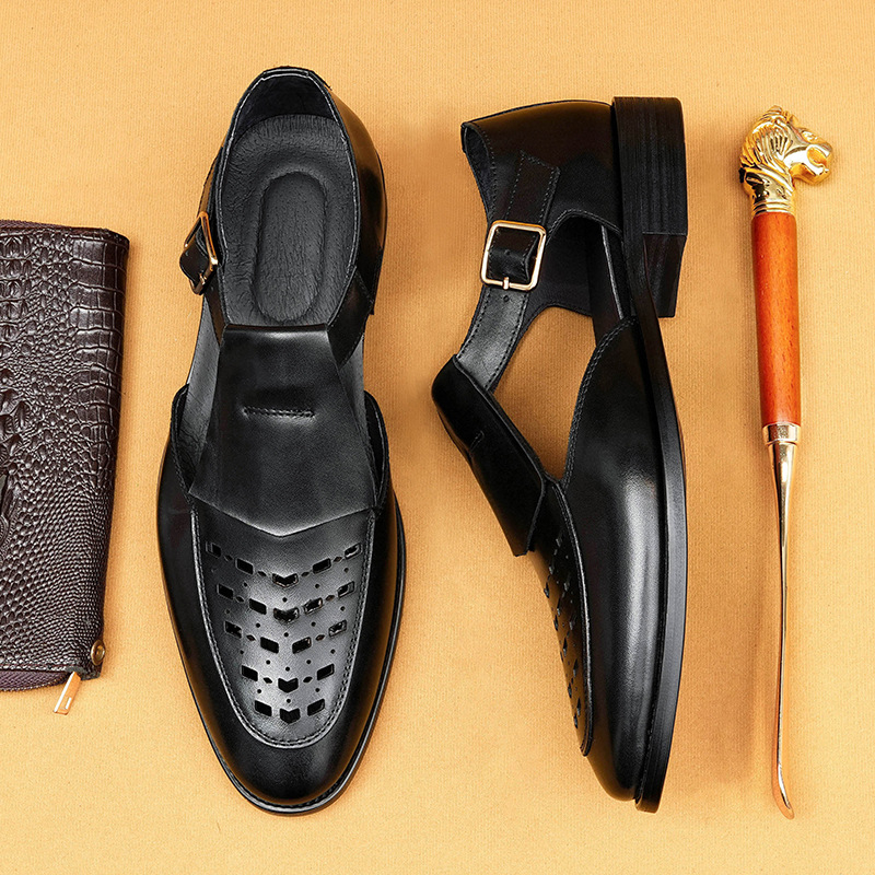 Sandale din piele pentru bărbați, partea superioară din piele de vită, căptușeală din piele de porc, talpă din cauciuc, design respirabil cu perforații