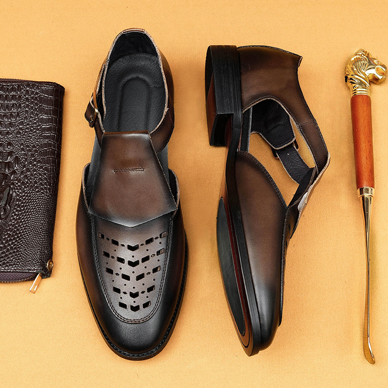 Sandale din piele pentru bărbați, partea superioară din piele de vită, căptușeală din piele de porc, talpă din cauciuc, design respirabil cu perforații