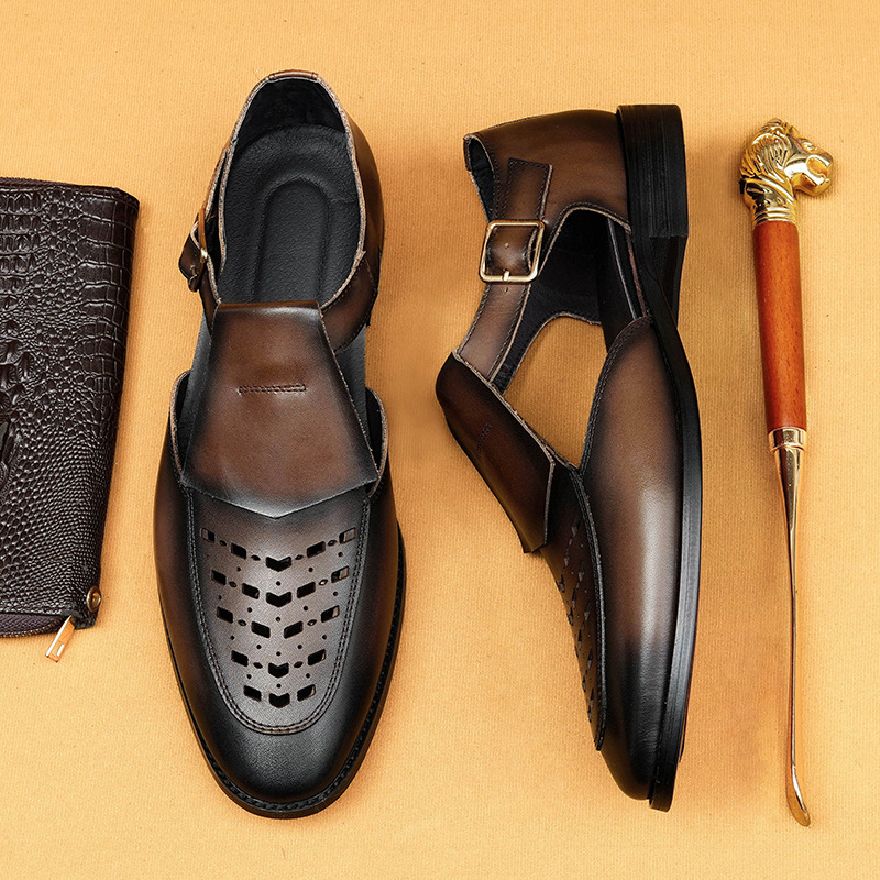 Sandale din piele pentru bărbați, partea superioară din piele de vită, căptușeală din piele de porc, talpă din cauciuc, design respirabil cu perforații