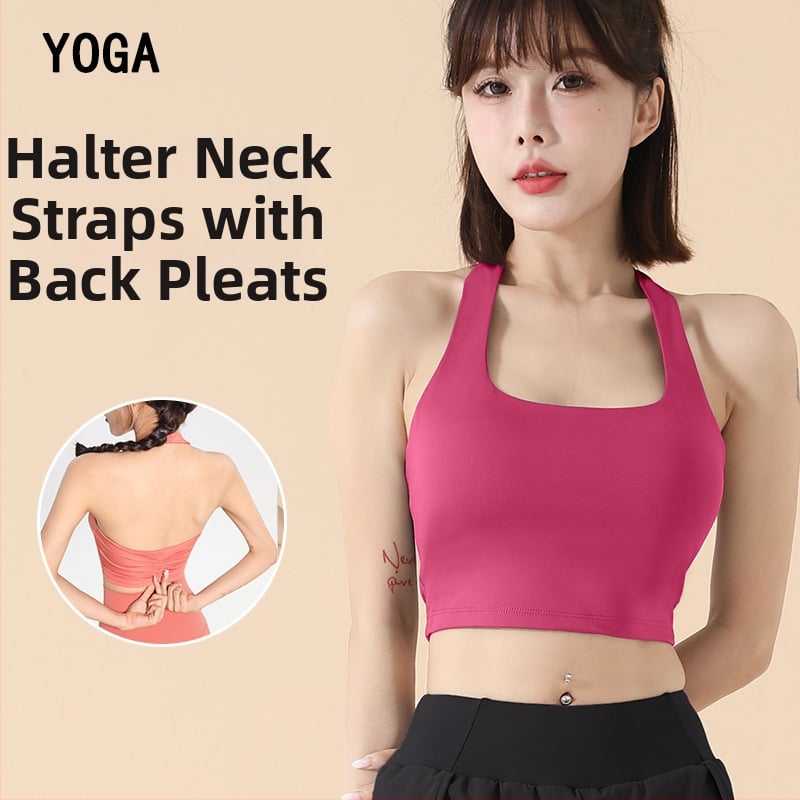 Ženski sportski grudnjak s halterom, brzo se suši, poliester-mješavina, puni košar s srednjim oblikovanjem, fiksni kaiševi, podstava od spandeksa, joga top za vanjsku upotrebu