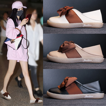 Bowknot Mori Girl plitke slip-on cipele, okrugla nosnica, gornji dio od prave kože, niski profil 1-3 cm, potplat od teleće tetive