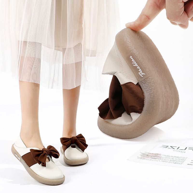 Bowknot Mori Girl plitke slip-on cipele, okrugla nosnica, gornji dio od prave kože, niski profil 1-3 cm, potplat od teleće tetive