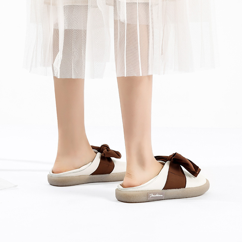 Bowknot Mori Girl plitke slip-on cipele, okrugla nosnica, gornji dio od prave kože, niski profil 1-3 cm, potplat od teleće tetive