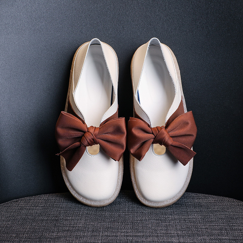 Bowknot Mori Girl plitke slip-on cipele, okrugla nosnica, gornji dio od prave kože, niski profil 1-3 cm, potplat od teleće tetive
