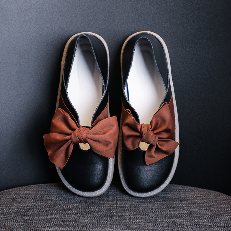 Bowknot Mori Girl plitke slip-on cipele, okrugla nosnica, gornji dio od prave kože, niski profil 1-3 cm, potplat od teleće tetive