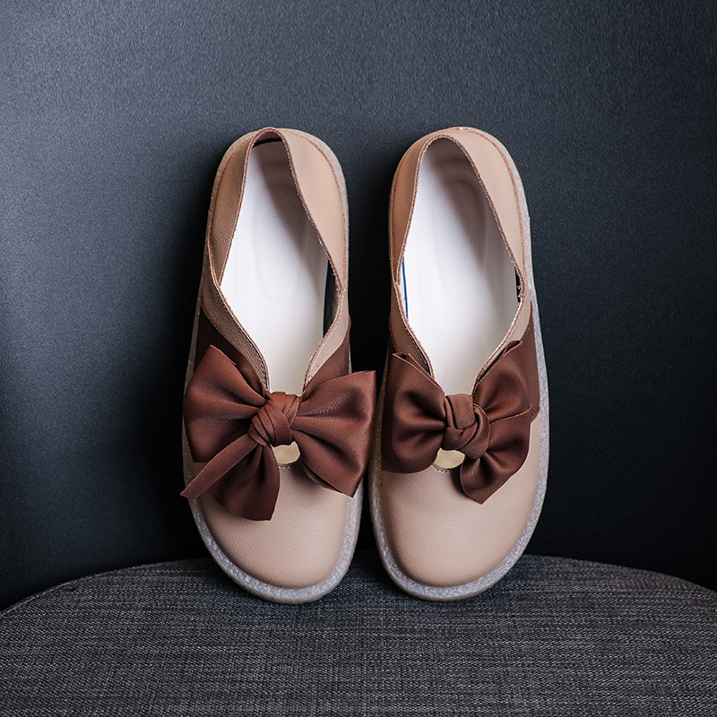 Bowknot Mori Girl plitke slip-on cipele, okrugla nosnica, gornji dio od prave kože, niski profil 1-3 cm, potplat od teleće tetive