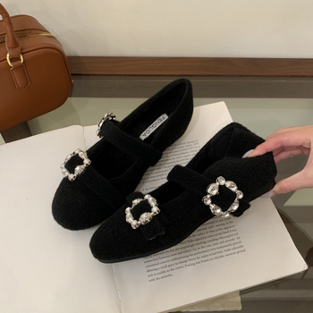 Női Mary Jane cipők, kerek orrú, magasságot növelő talp, oldalsó csattal záródó (Toe shape: Round head; Upper material: Woolen; Heel height: Low heel (<3 cm); Closure: Side buckle; Insole material: Artificial hair)