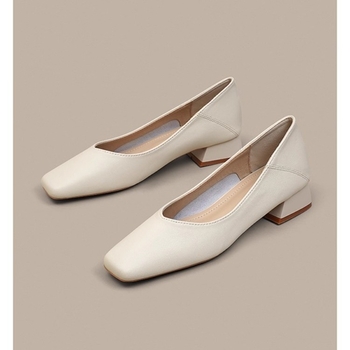 Ženske slip-on loaferice od prave kože, kvadratni vrh, V-izrez, niski debeli pet, mekani uložak od ovčje kože