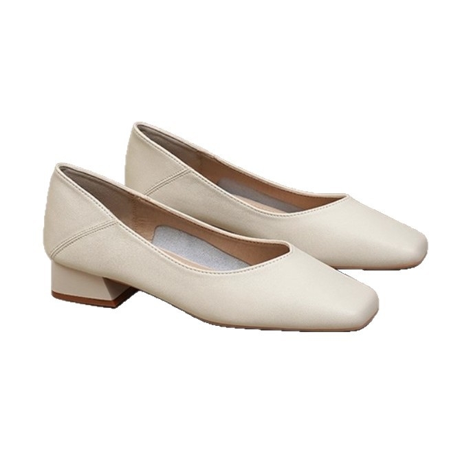 Ženske slip-on loaferice od prave kože, kvadratni vrh, V-izrez, niski debeli pet, mekani uložak od ovčje kože