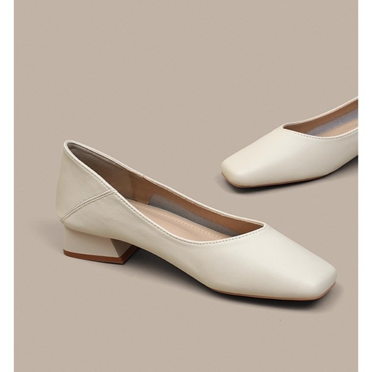 Ženske slip-on loaferice od prave kože, kvadratni vrh, V-izrez, niski debeli pet, mekani uložak od ovčje kože