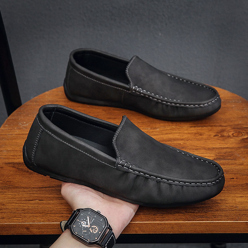 Muške slip-on mokasice s gornjim dijelom od kozje kože, kožni vrh prsta, PU ulošak, pjenasti gumeni potplat, jednobojne