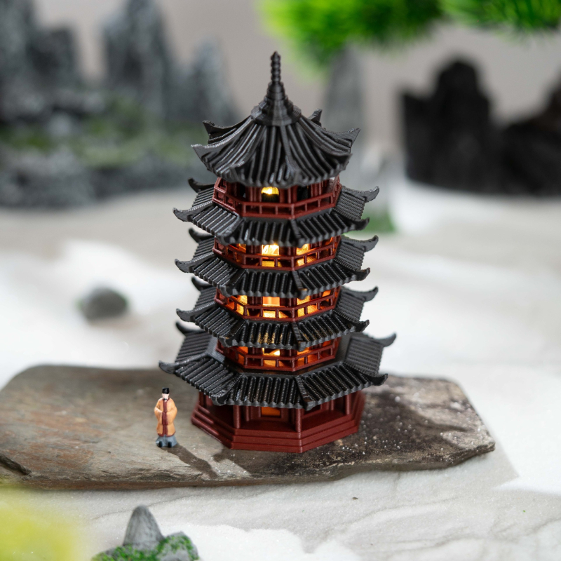 LED osvijetljena pagoda za bonsai — mini krajolik ukras, PLA plast, upijajući kamen