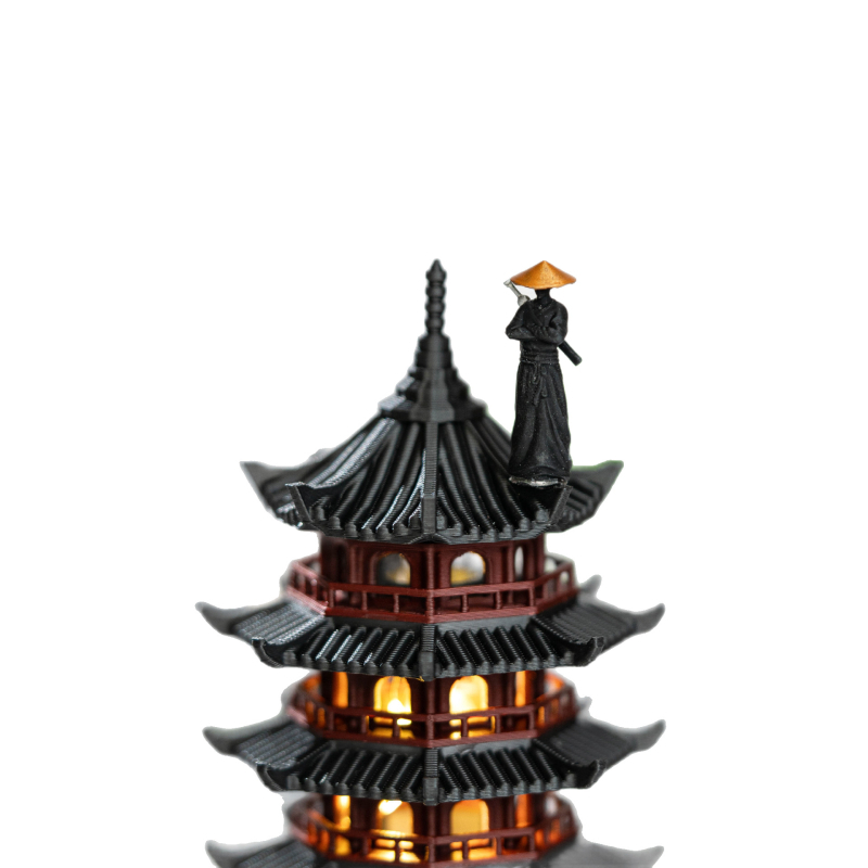 LED osvijetljena pagoda za bonsai — mini krajolik ukras, PLA plast, upijajući kamen