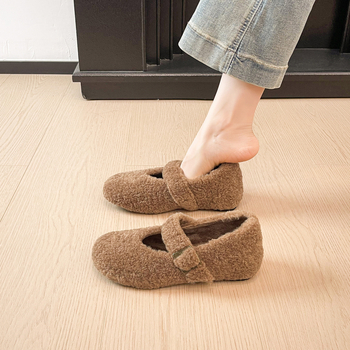 Damske ploske cipele u tweed stilu s pliš vanjskom — okrugli vrh, umjetni pliš, fleece podstava, gumena potplat, niski potplat 1–3 cm