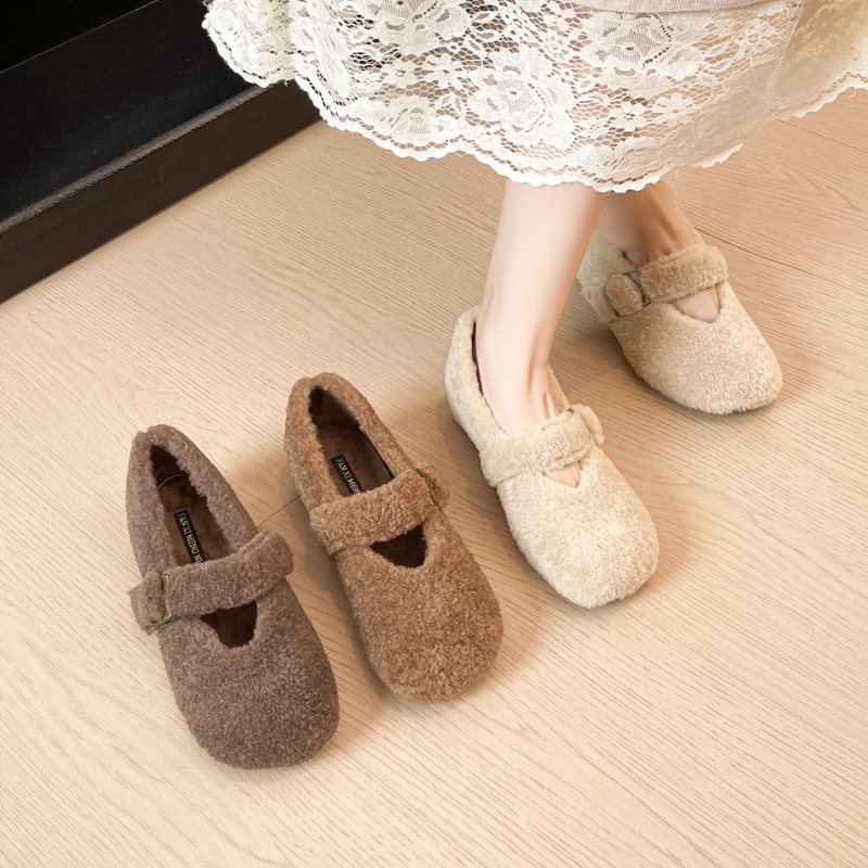 Damske ploske cipele u tweed stilu s pliš vanjskom — okrugli vrh, umjetni pliš, fleece podstava, gumena potplat, niski potplat 1–3 cm