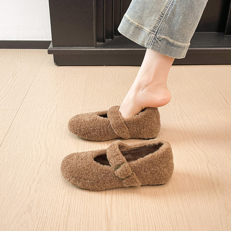 Damske ploske cipele u tweed stilu s pliš vanjskom — okrugli vrh, umjetni pliš, fleece podstava, gumena potplat, niski potplat 1–3 cm
