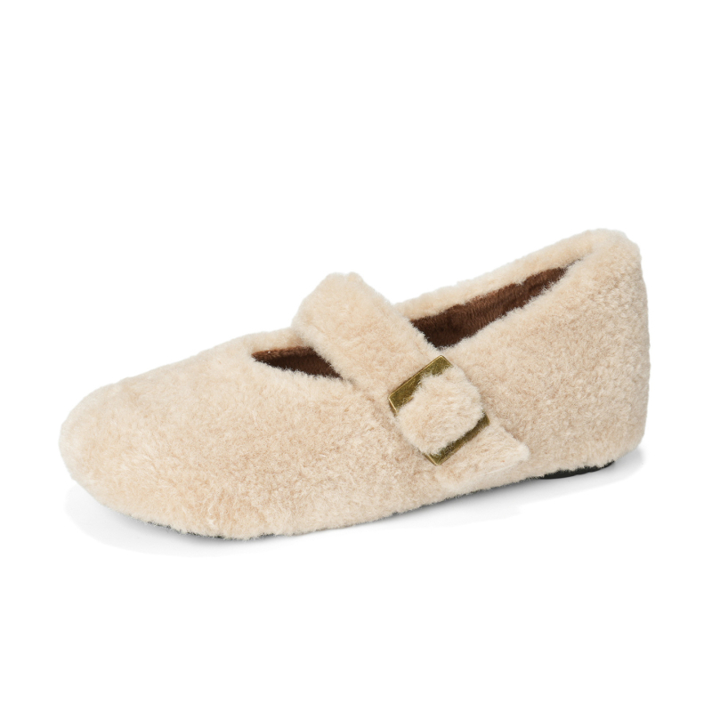 Damske ploske cipele u tweed stilu s pliš vanjskom — okrugli vrh, umjetni pliš, fleece podstava, gumena potplat, niski potplat 1–3 cm