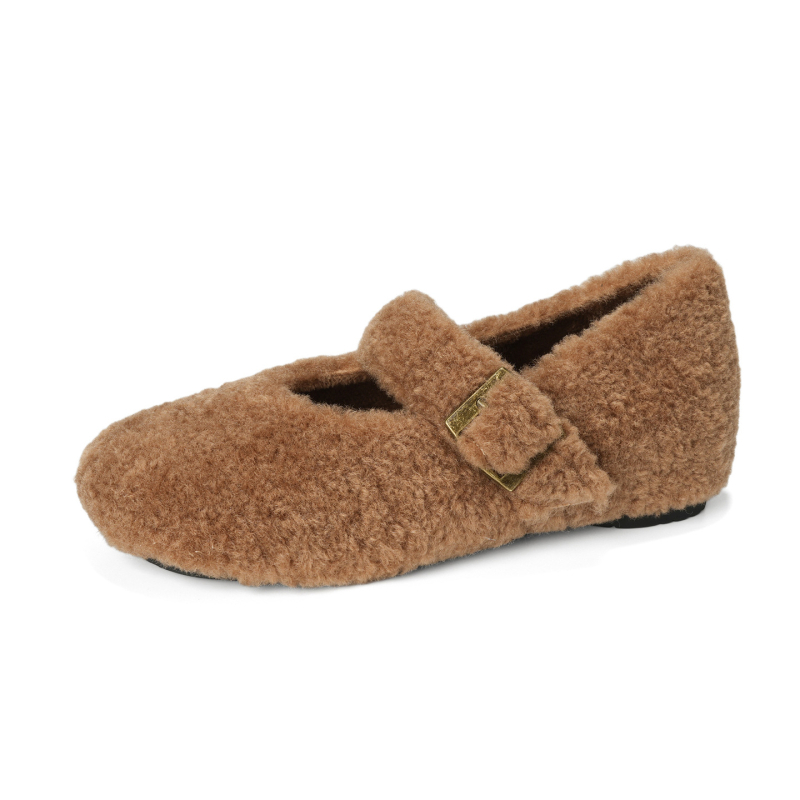 Damske ploske cipele u tweed stilu s pliš vanjskom — okrugli vrh, umjetni pliš, fleece podstava, gumena potplat, niski potplat 1–3 cm