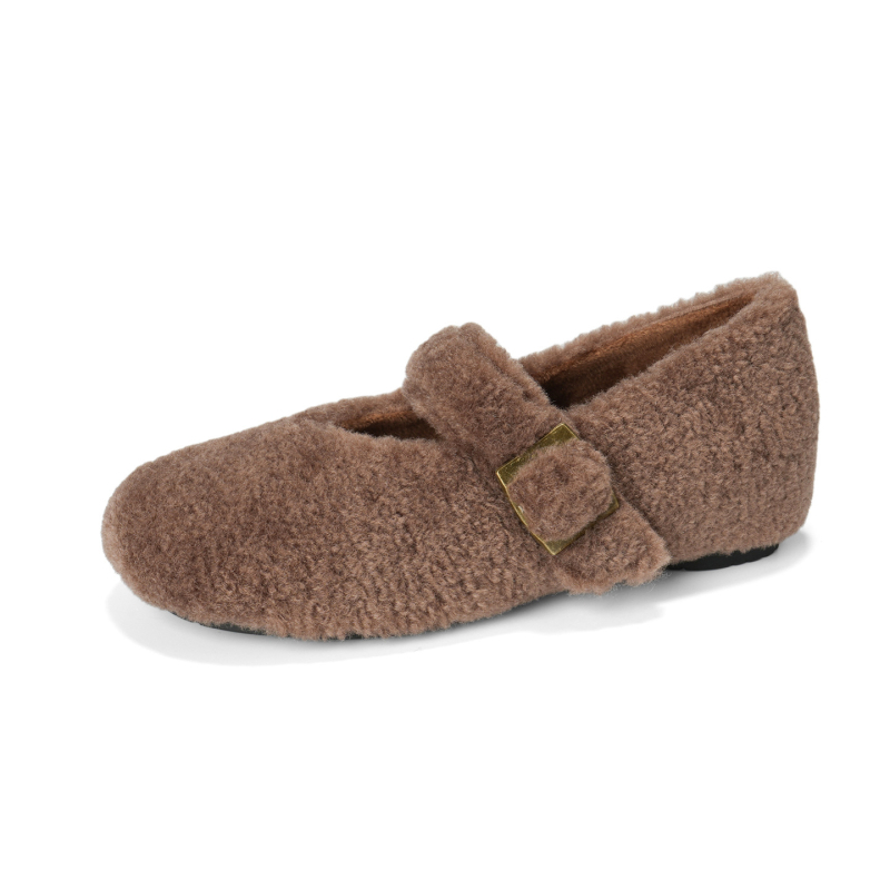 Damske ploske cipele u tweed stilu s pliš vanjskom — okrugli vrh, umjetni pliš, fleece podstava, gumena potplat, niski potplat 1–3 cm