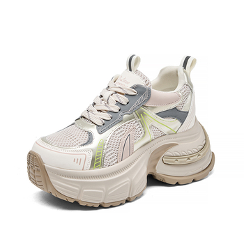 Pantofi sport dama cu talpă groasă, partea superioară respirabilă din piele de două straturi și țesătură, înălțime 6–8 cm, închidere cu șireturi, interior plasă