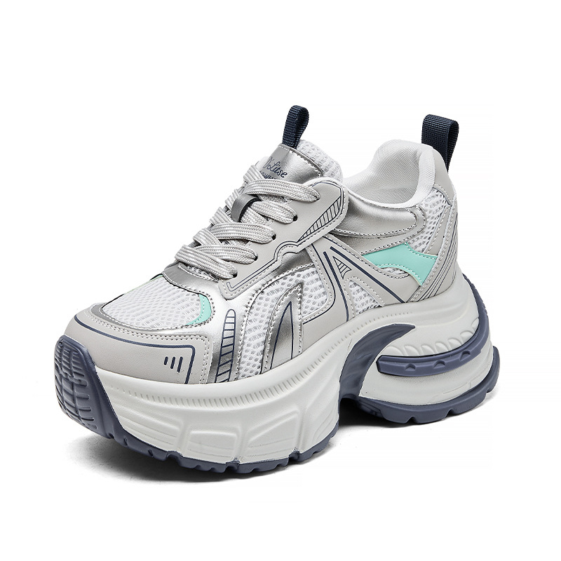 Pantofi sport dama cu talpă groasă, partea superioară respirabilă din piele de două straturi și țesătură, înălțime 6–8 cm, închidere cu șireturi, interior plasă