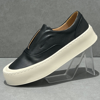 Pantofi bărbați din piele naturală cu talpă groasă, slip-on, partea superioară din piele de porc, talpă de cauciuc, vârf rotund, înălțime toc 3–5 cm