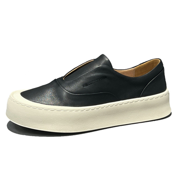 Pantofi bărbați din piele naturală cu talpă groasă, slip-on, partea superioară din piele de porc, talpă de cauciuc, vârf rotund, înălțime toc 3–5 cm