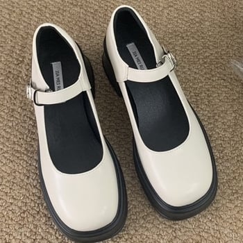 Pantofi Mary Jane cu platformă, stil coreean, piele microfibră, vârf rotund, gleznă joasă, toc conic 3–5 cm, curea cu cataramă