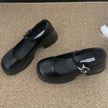 Pantofi Mary Jane cu platformă, stil coreean, piele microfibră, vârf rotund, gleznă joasă, toc conic 3–5 cm, curea cu cataramă
