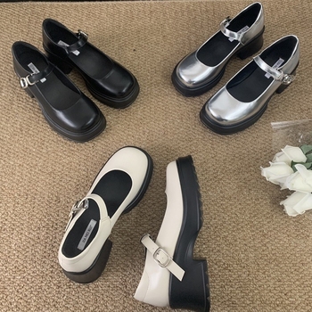 Pantofi Mary Jane cu platformă, stil coreean, piele microfibră, vârf rotund, gleznă joasă, toc conic 3–5 cm, curea cu cataramă