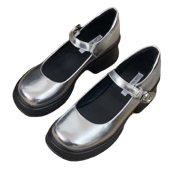 Pantofi Mary Jane cu platformă, stil coreean, piele microfibră, vârf rotund, gleznă joasă, toc conic 3–5 cm, curea cu cataramă