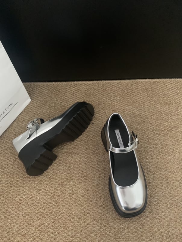 Pantofi Mary Jane cu platformă, stil coreean, piele microfibră, vârf rotund, gleznă joasă, toc conic 3–5 cm, curea cu cataramă